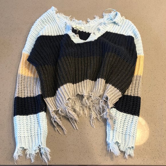 Miracle Sweaters - Distressed Blue, Navy, Black, Grey Striped Sweater